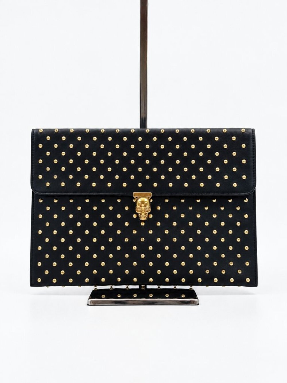 Alexander McQueen Black Leather Gold Studded Skull Clutch Bag